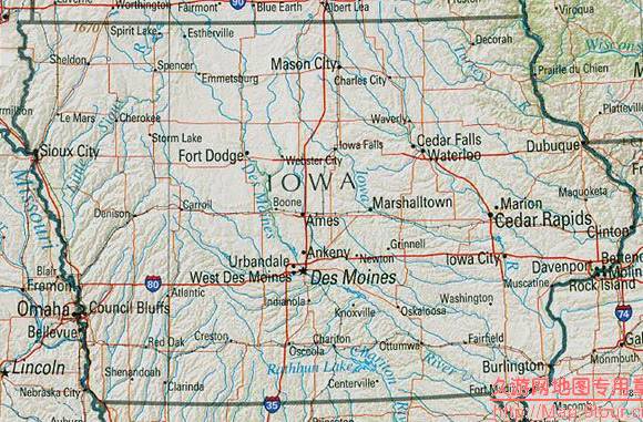美国Iowa州地形交通图