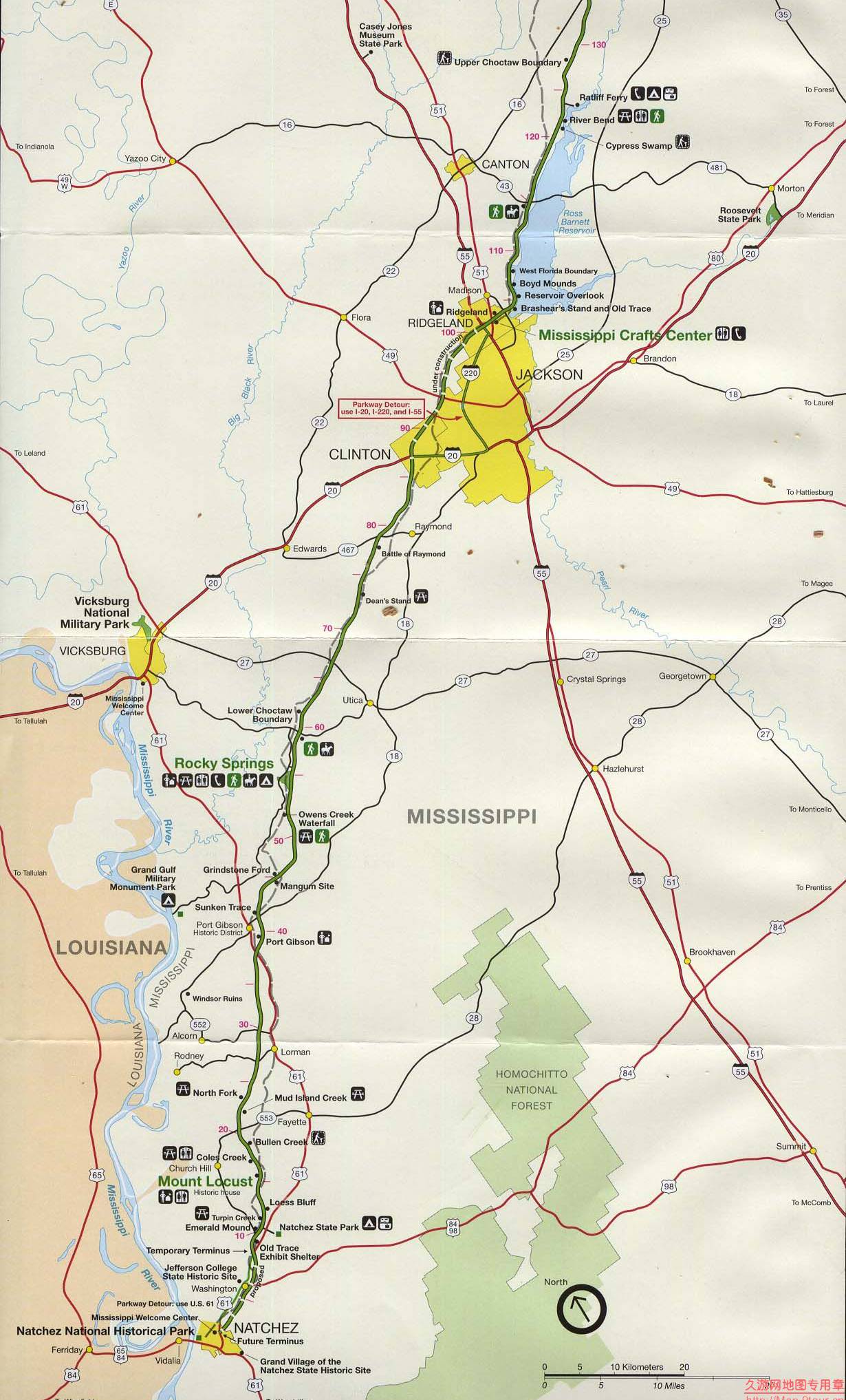 美国Missippi州Homochitto国家森林及周边交通景点地图