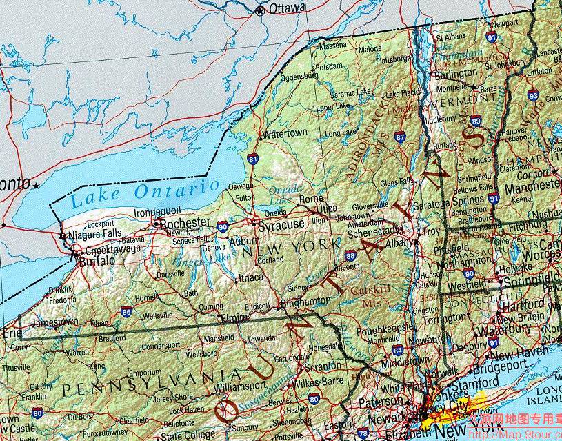 美国New York州地形交通图,美国地图高清中文版