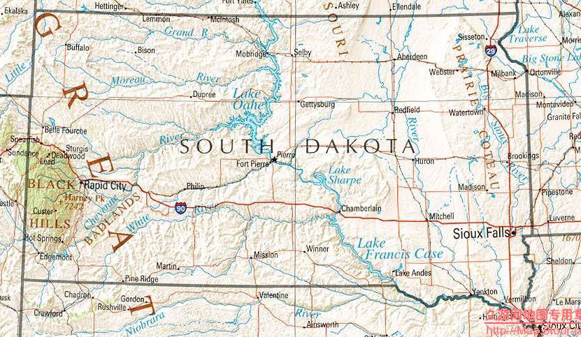 美国South Dakota州地形交通图